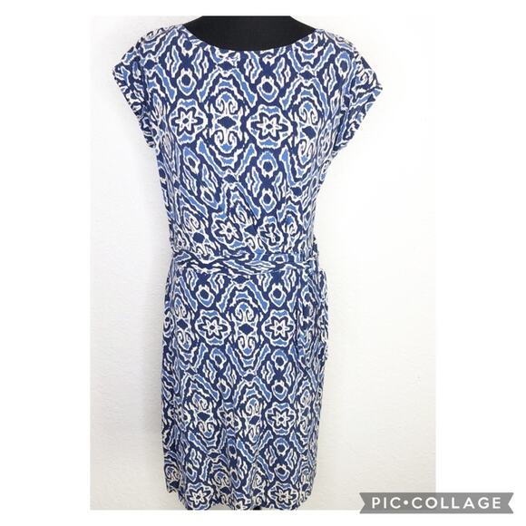 Boden blue and cream geometric print tie waist dress size 8L or 8 Long - Picture 1 of 15